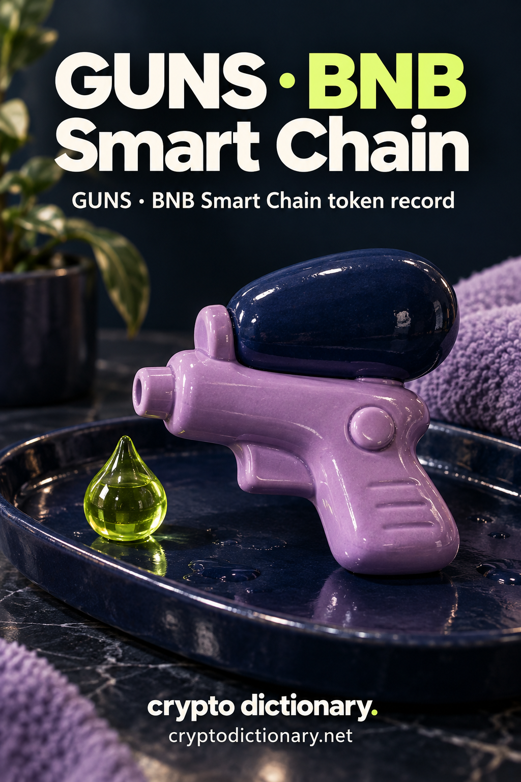 A rounded lilac ceramic toy water pistol with a navy water bulb rests on a dark bath tray beside a lime glass droplet; GUNS · BNB Smart Chain token registry artwork.
