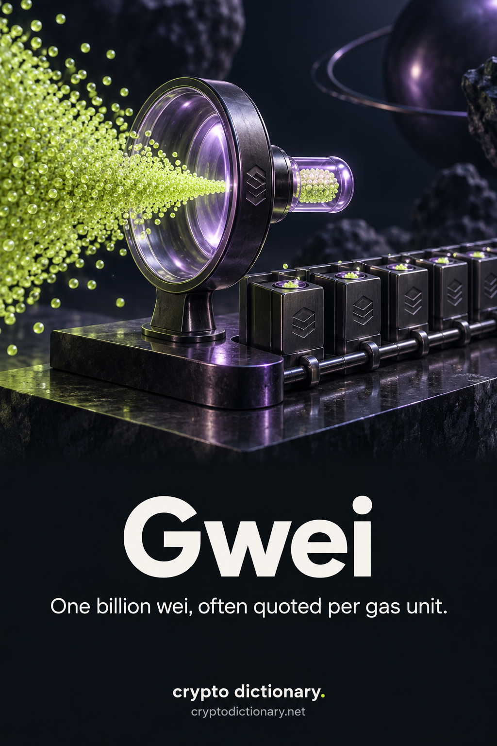A measurement lens gathers an abstract vast cloud of tiny unit beads into one denomination capsule, beside separate gas-unit price sockets.