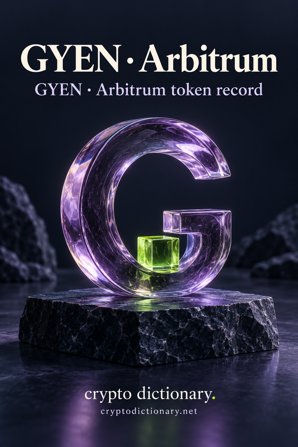 GYEN · Arbitrum — original lilac glass name-inspired sculpture with accurate GYEN token record caption.