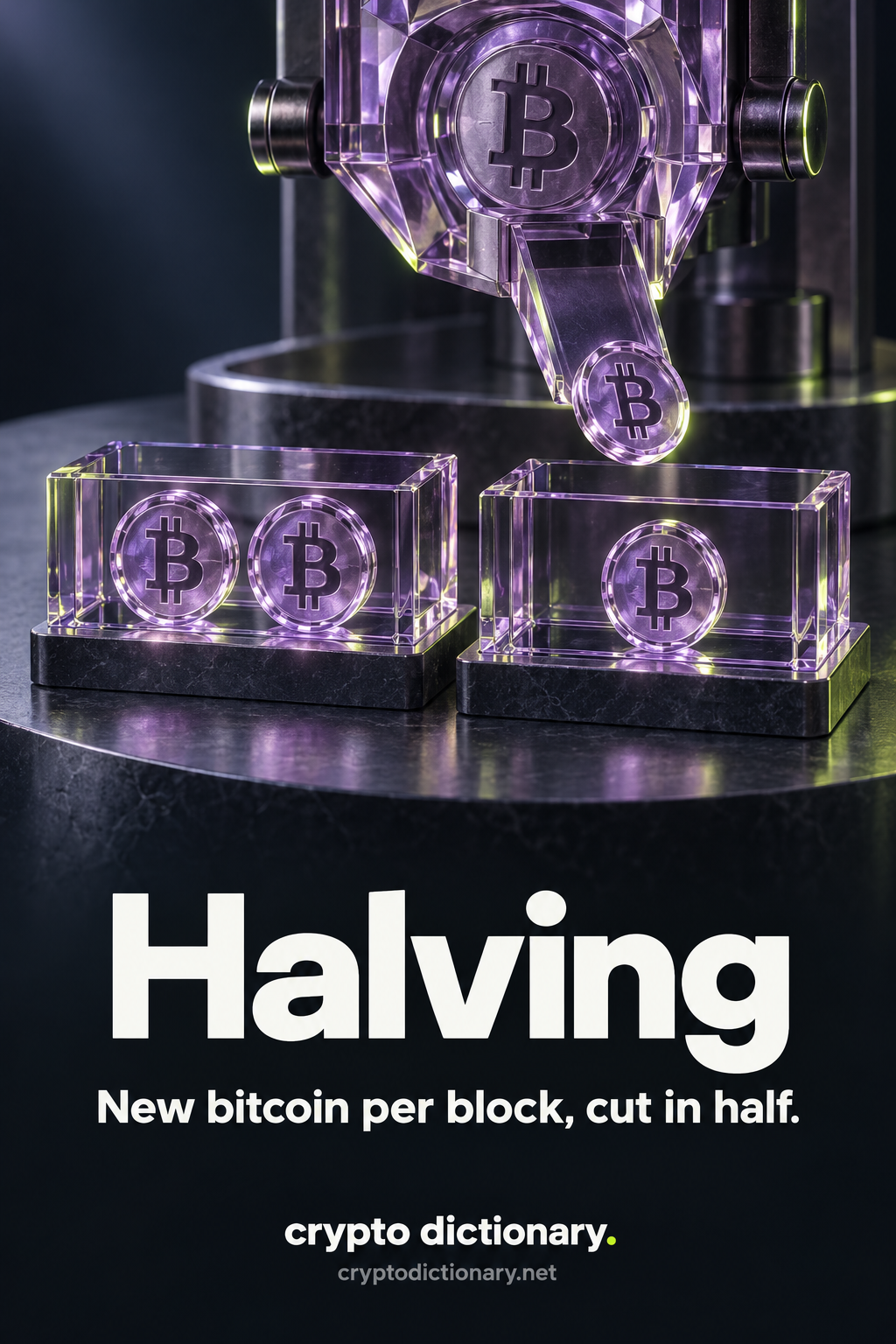 Halving: a lilac glass Bitcoin issuance mechanism over two trays containing two and one coins. Text: New bitcoin per block, cut in half.
