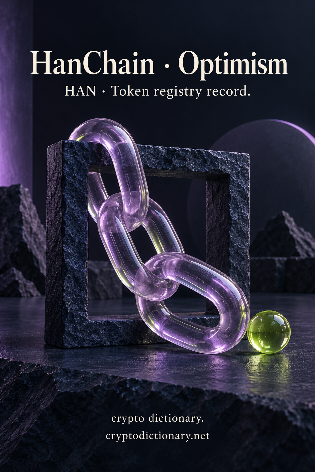 HanChain on Optimism illustrated by an original loose lilac glass link sculpture across a dark stone frame beside a lime bead, with neutral HAN registry caption.