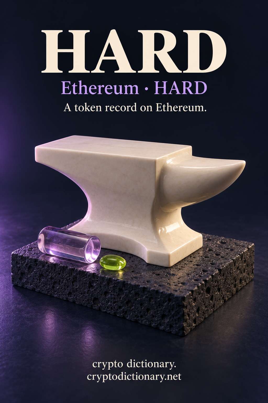 HARD token record on Ethereum, illustrated by a blank ivory ceramic anvil sculpture with a lilac glass cylinder and lime oval on basalt.