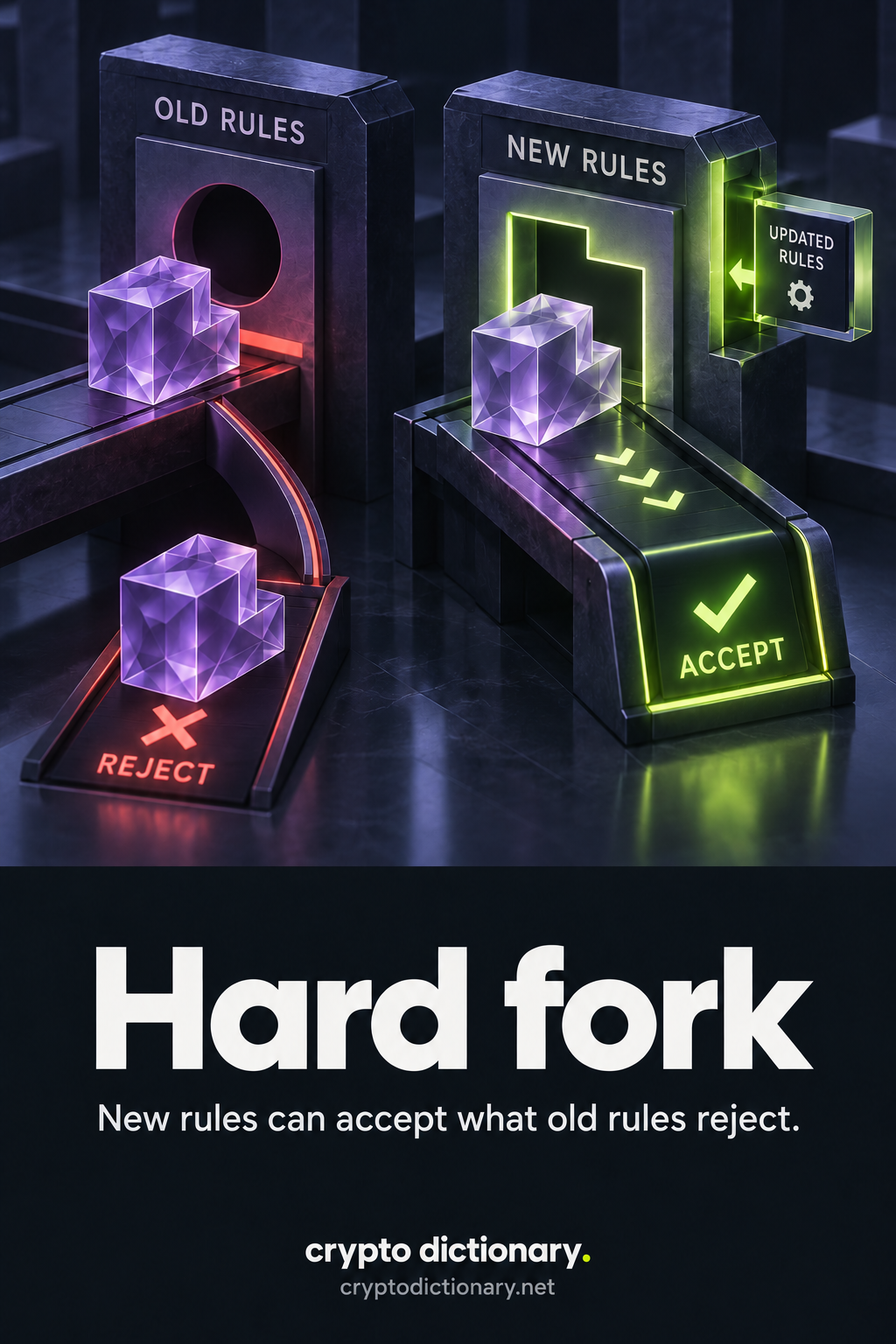 The same stepped block is rejected by an incompatible OLD RULES aperture and accepted by updated NEW RULES, with a software-rule cartridge installed.