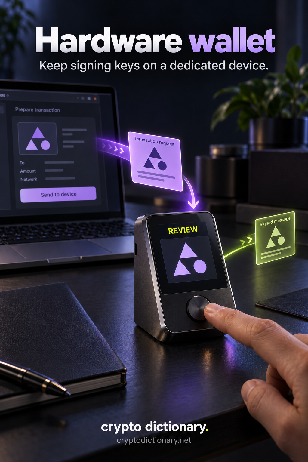 A dedicated unbranded device shows REVIEW for the same request pattern as a computer; a physical button authorizes signing, with separate request and signed-message paths.
