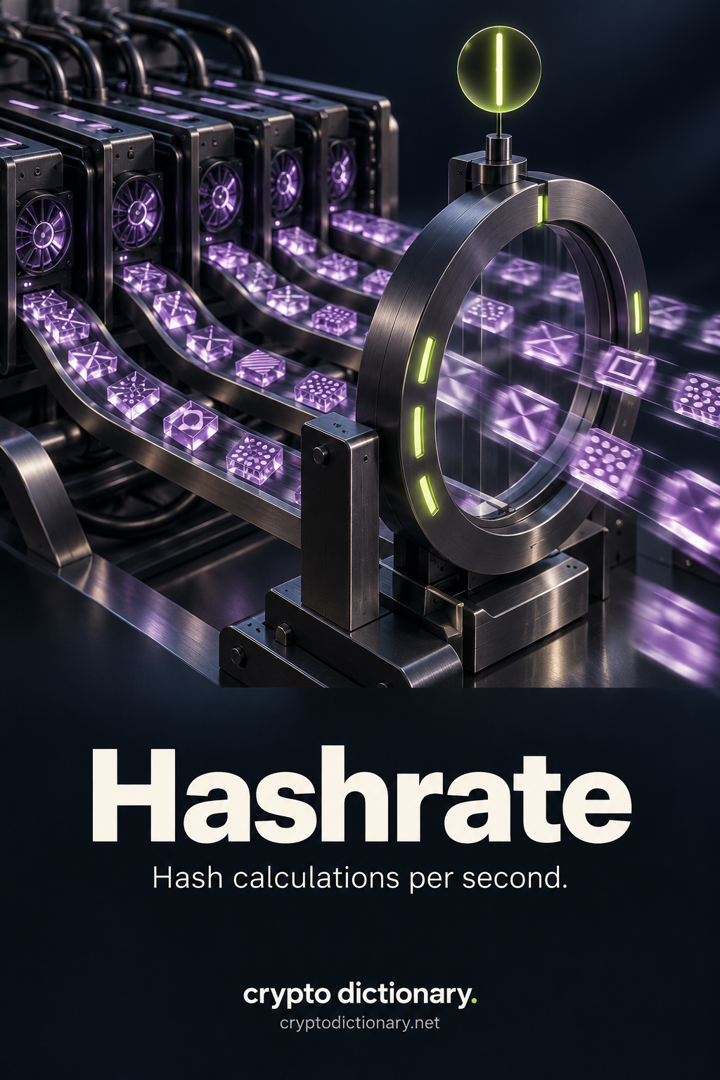 Many lilac candidate-hash tiles flow from computing devices through a time-counting ring, with Hashrate title and CryptoDictionary footer.