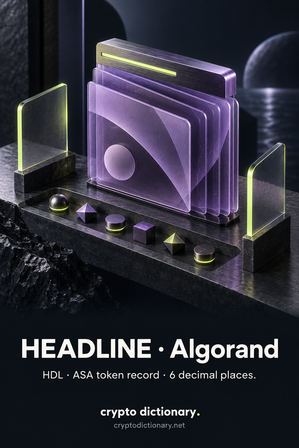 An abstract layered lilac archival slab, folded glass panes and six geometric identity studs mark the HEADLINE registry record on Algorand.