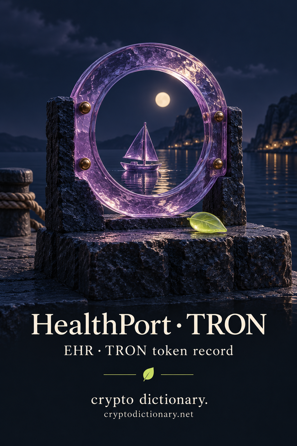HealthPort · TRON — original lilac glass name-inspired sculpture with accurate EHR token record caption.