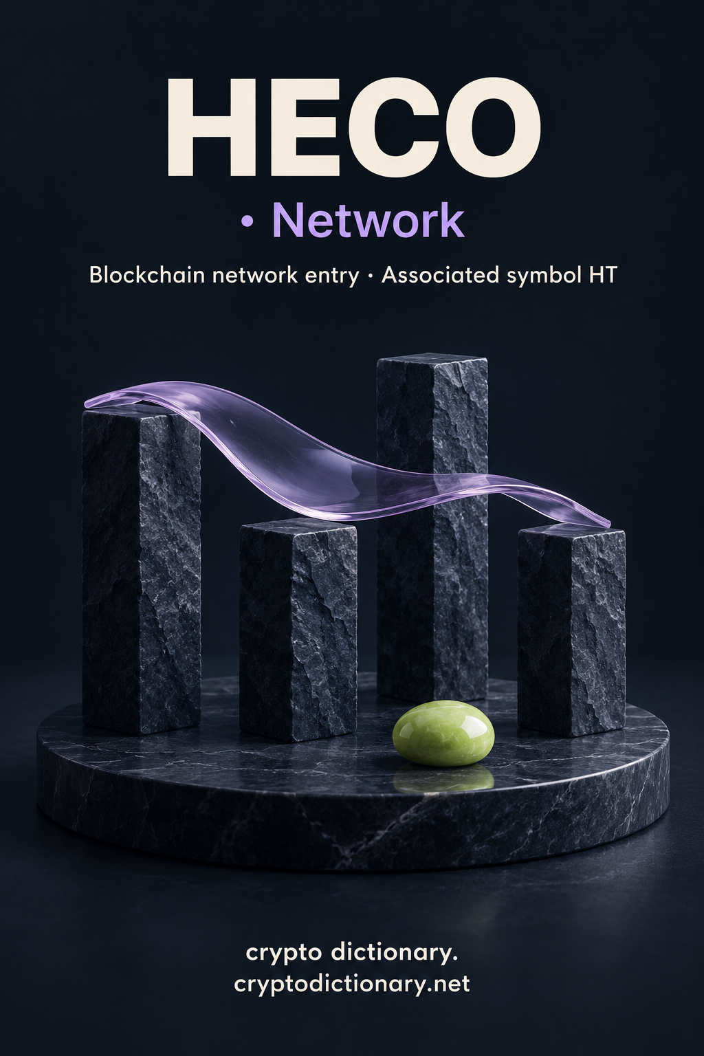 HECO network registry illustration with four blank stone pillars, a curved glass sheet and lime pebble.