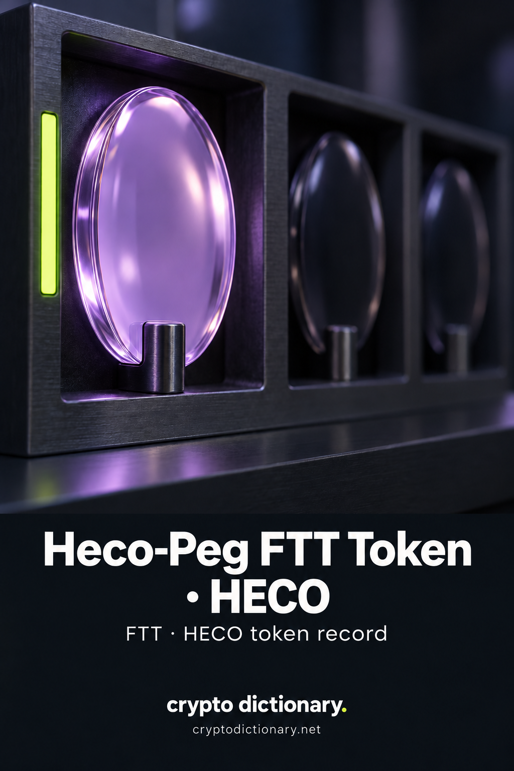 A plain lilac oval specimen lens on a dark peg in an archival slot, lime index strip, above Heco-Peg FTT Token · HECO and FTT · HECO token record.