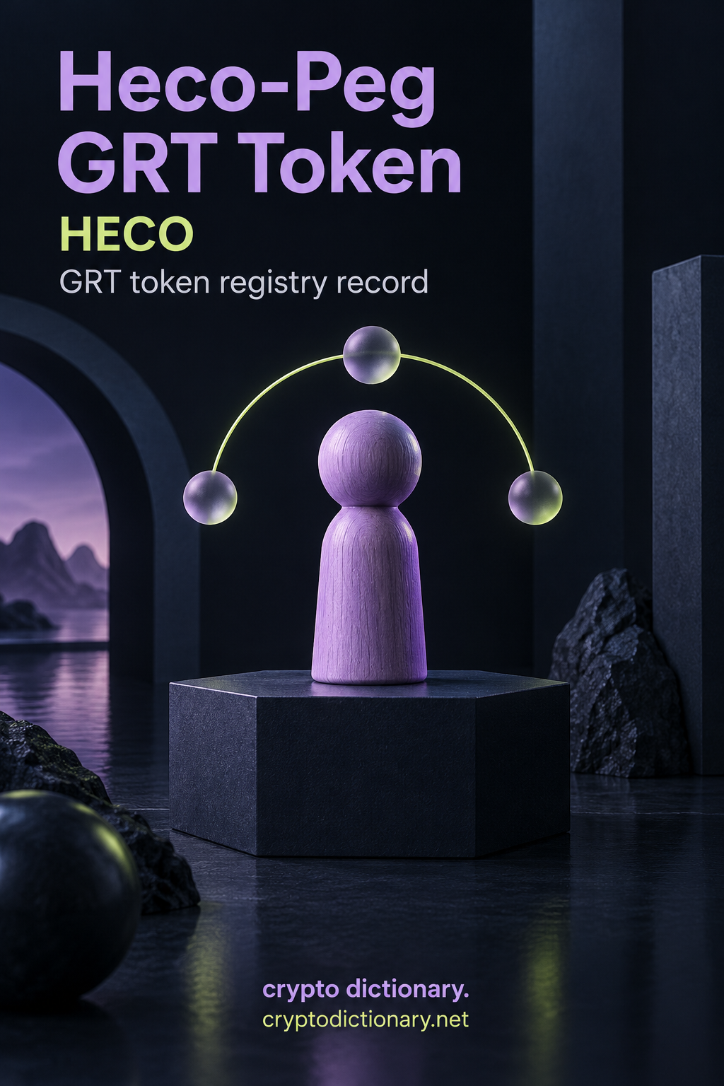 Heco-Peg GRT Token on HECO: a lilac peg and frosted spheres on a lime arc above a registry plinth.