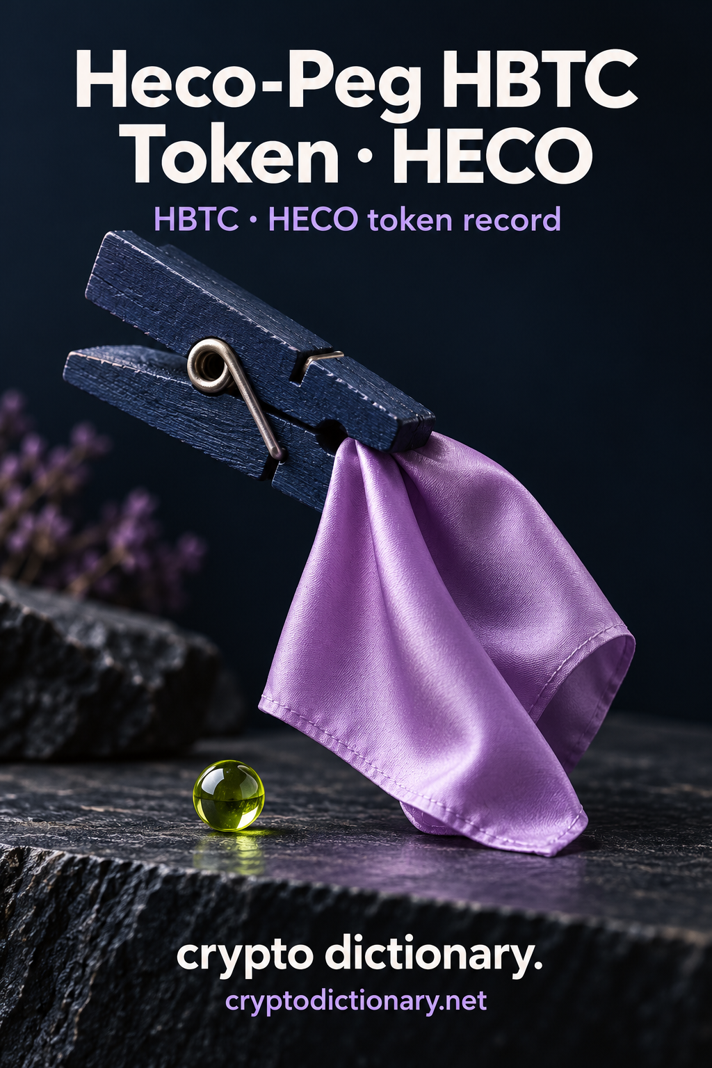 An oversized navy wooden clothespeg holds a blank lilac silk square above stone with lime bead; Heco-Peg HBTC Token · HECO registry artwork.