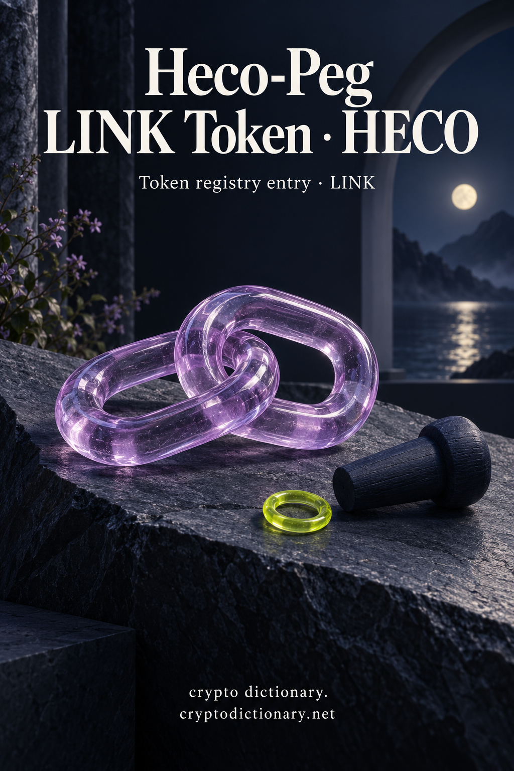 Lilac glass links beside a detached wooden peg, titled Heco-Peg LINK Token · HECO.