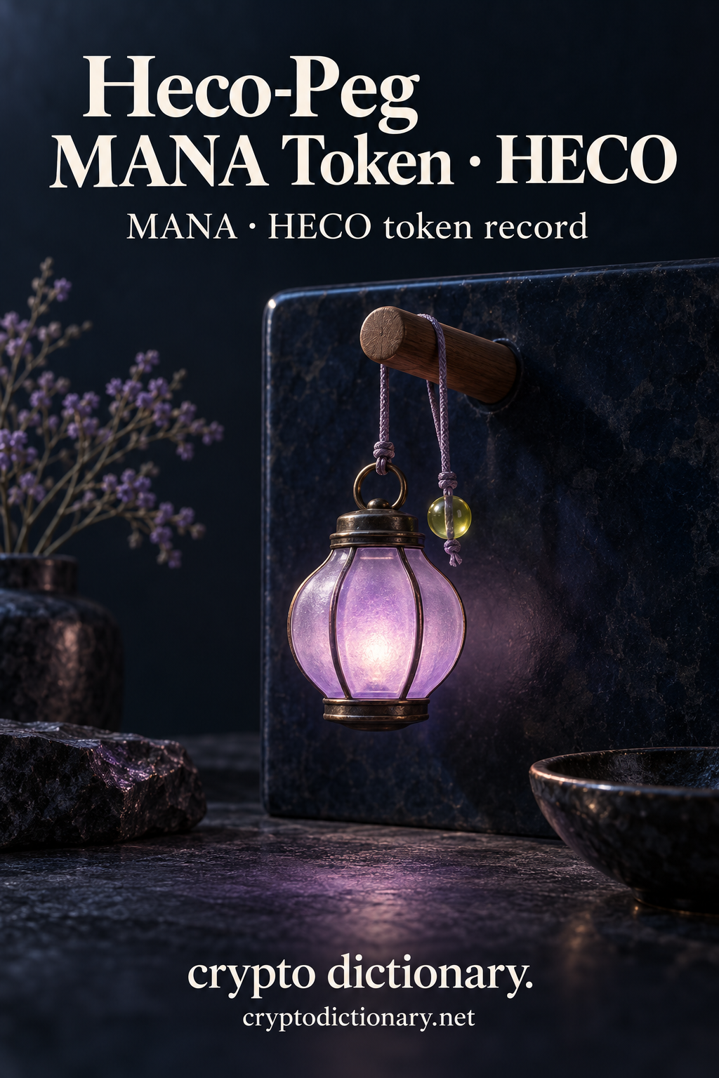 A softly glowing lilac lantern hanging from an unmarked wooden peg beside a lime bead on a navy panel; Heco-Peg MANA Token · HECO registry artwork.