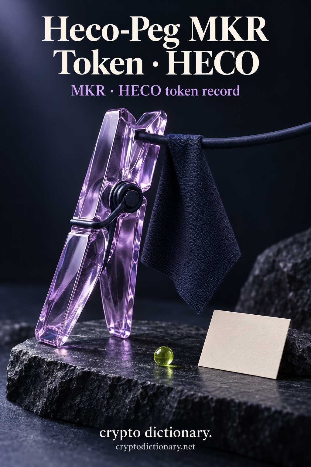 Heco-Peg MKR Token · HECO above a lilac glass household clothespin beside a navy fabric swatch on a plain rod, blank card and lime bead; MKR · HECO token record and Crypto Dictionary branding.