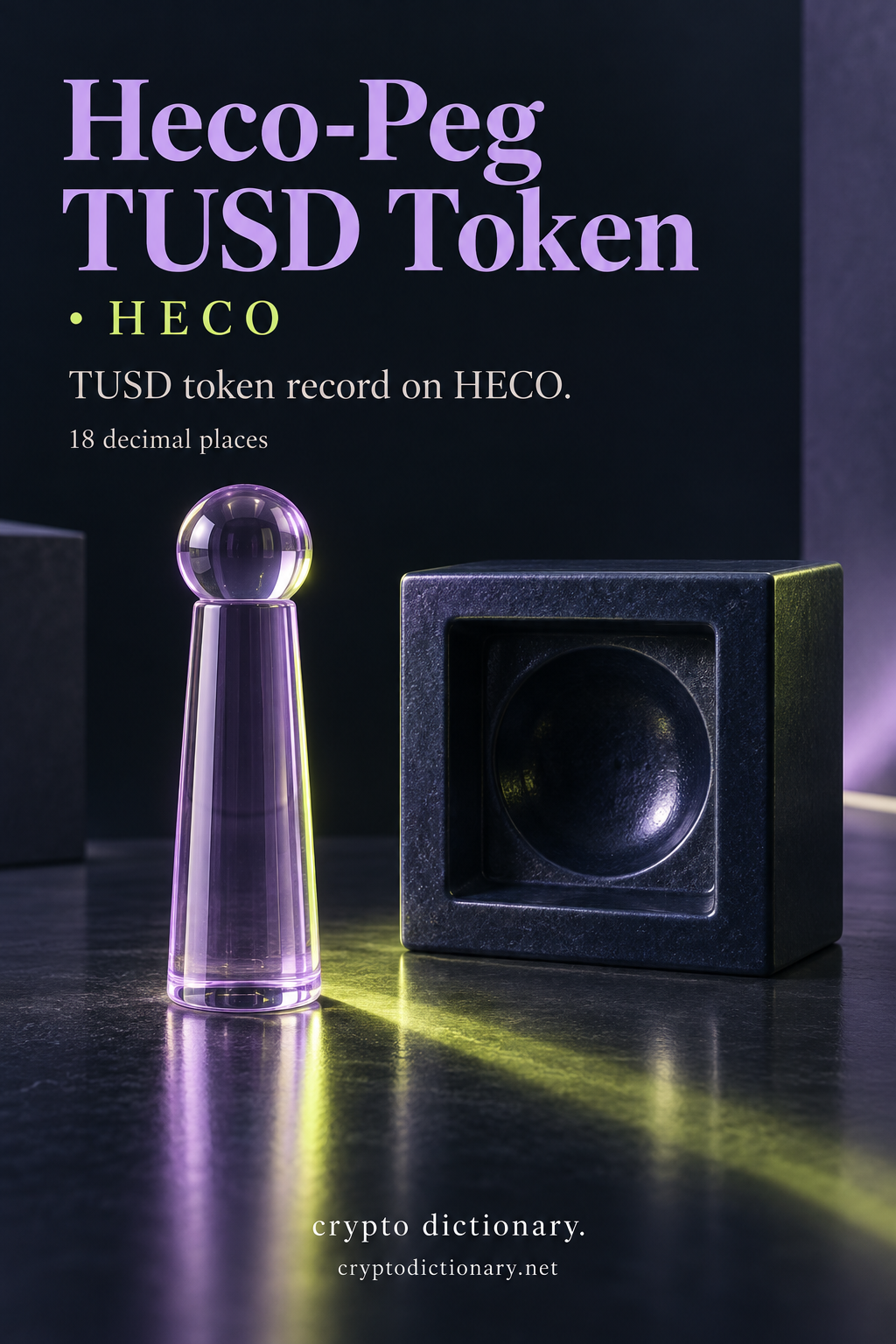 Plain lilac glass peg beside a dark specimen recess, illustrating the Heco-Peg TUSD Token record on HECO.