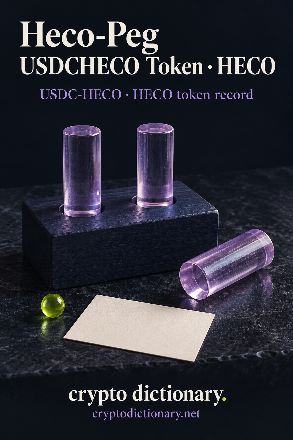 Heco-Peg USDCHECO Token · HECO above two lilac glass cylindrical pegs in a navy wooden block and one resting beside it, blank card and lime bead; USDC-HECO · HECO token record with Crypto Dictionary footer.