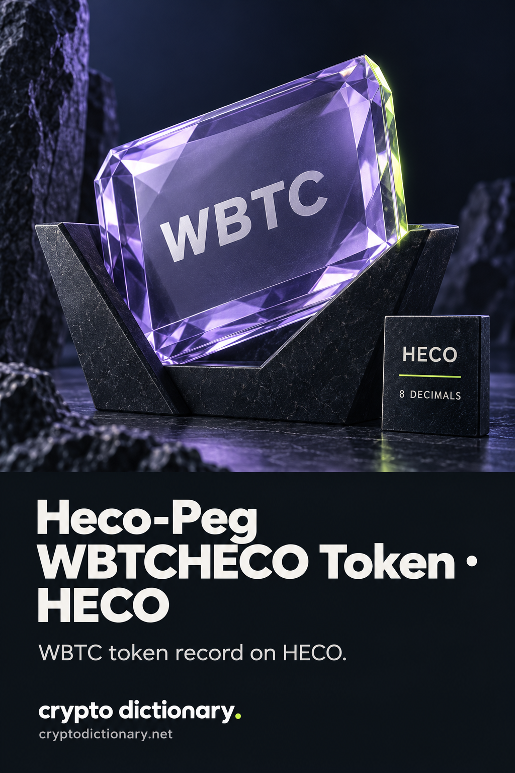 A diagonal WBTC glass record in a dark catalogue cradle beside HECO and 8 decimals labels.