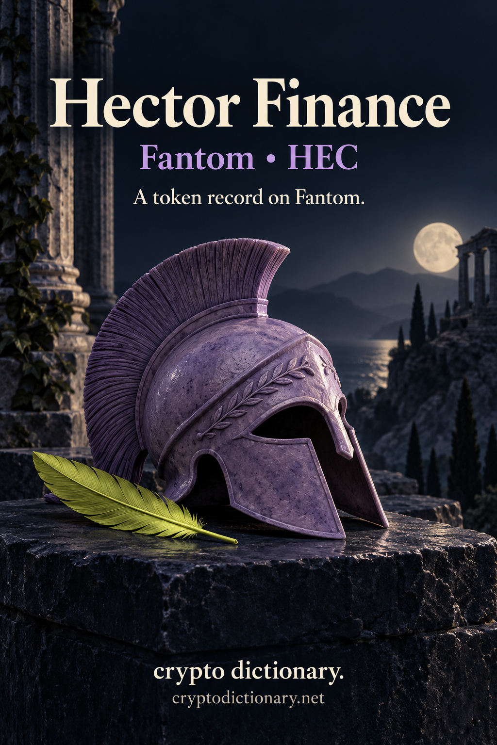 Hector Finance token registry poster on Fantom with an original lilac ceramic helmet and a lime feather beside a navy block.