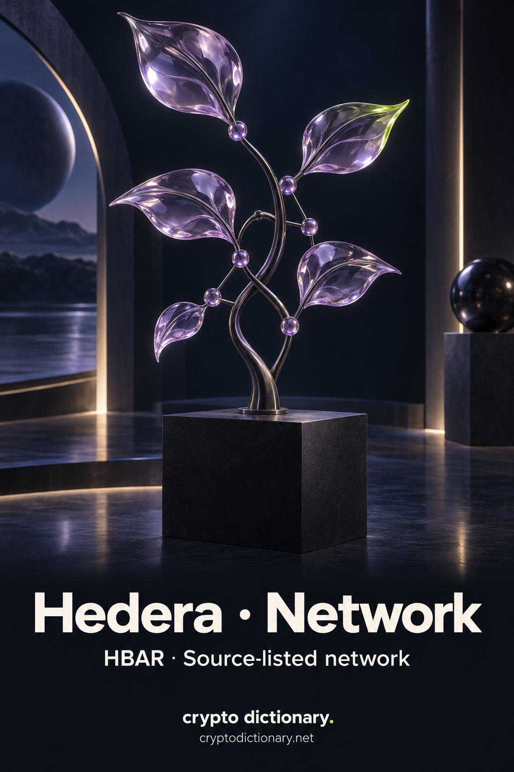A lilac glass leafy branch with connected node beads and one lime-edged leaf on a dark square pedestal, above Hedera · Network and HBAR · Source-listed network.