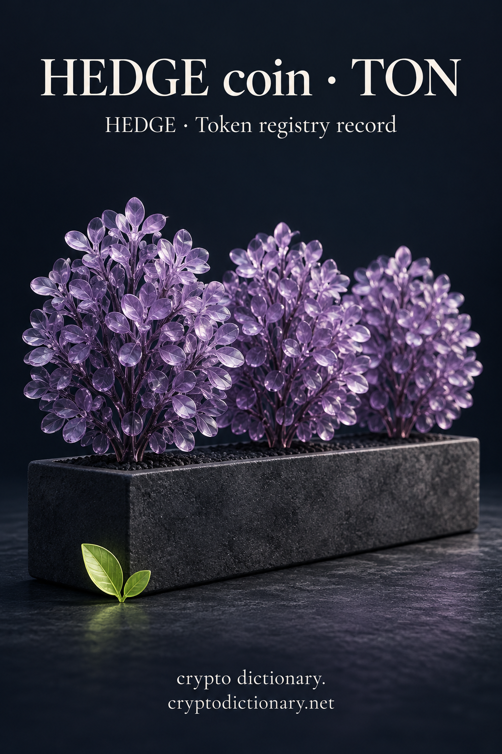 Three lilac glass hedge shrubs in a charcoal trough with lime glass leaves beneath HEDGE coin · TON.