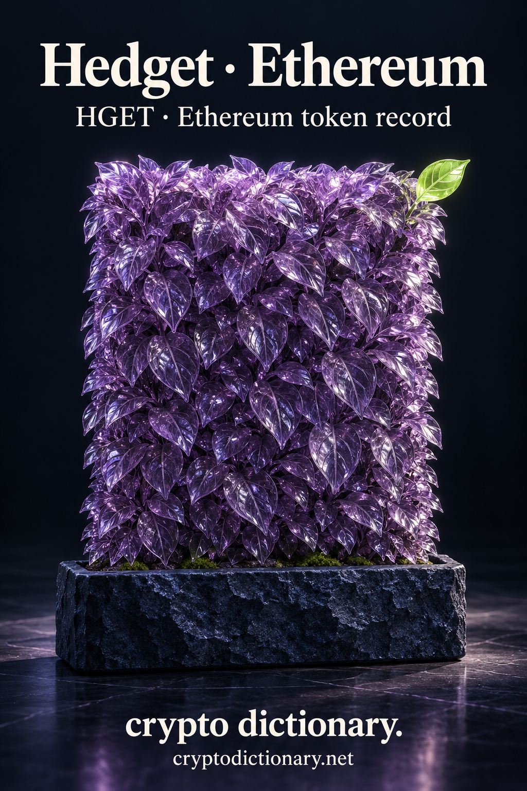 Hedget · Ethereum — original lilac glass name-inspired sculpture with accurate HGET token record caption.