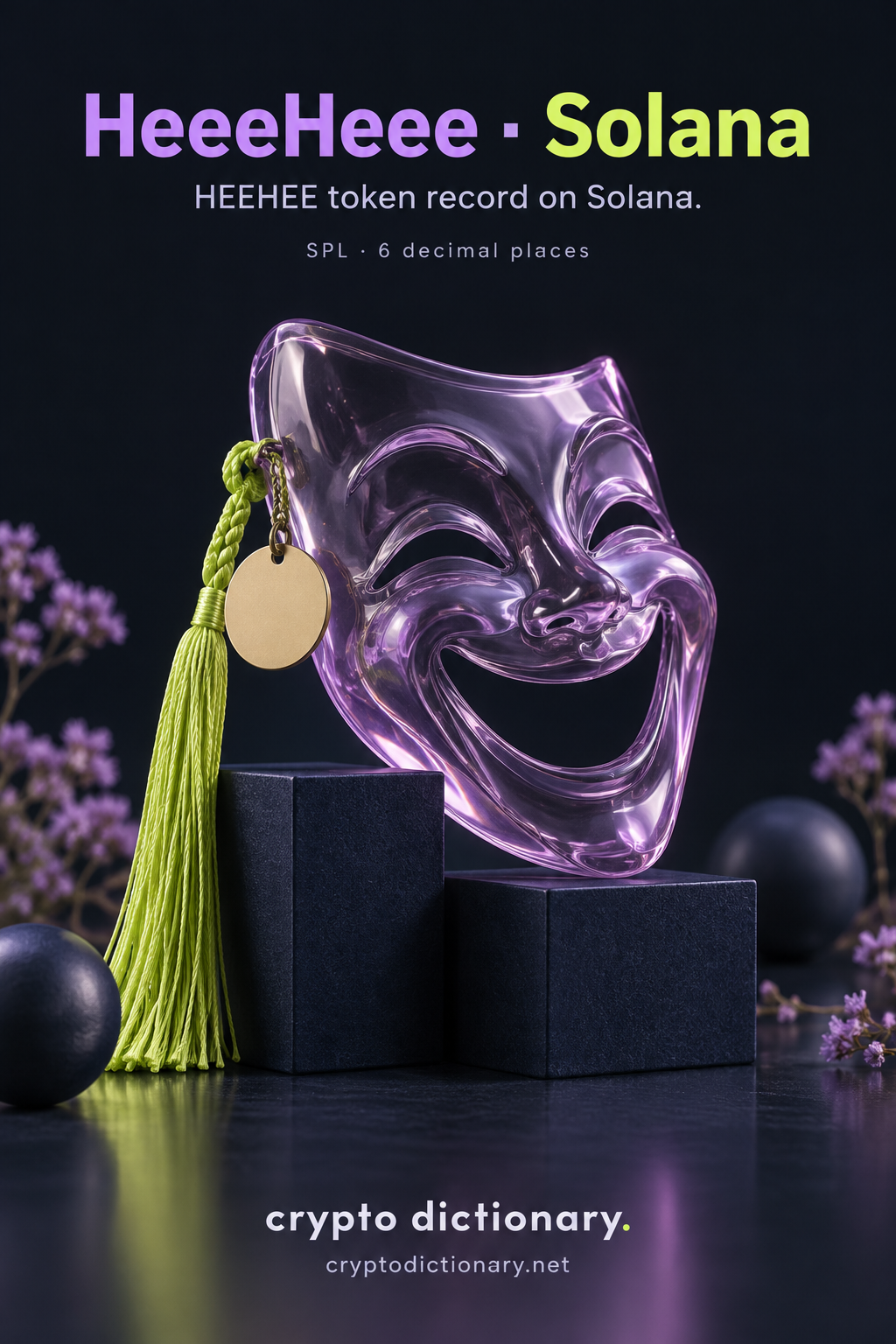 HeeeHeee on Solana registry art with a lilac laughing mask and lime tassel.
