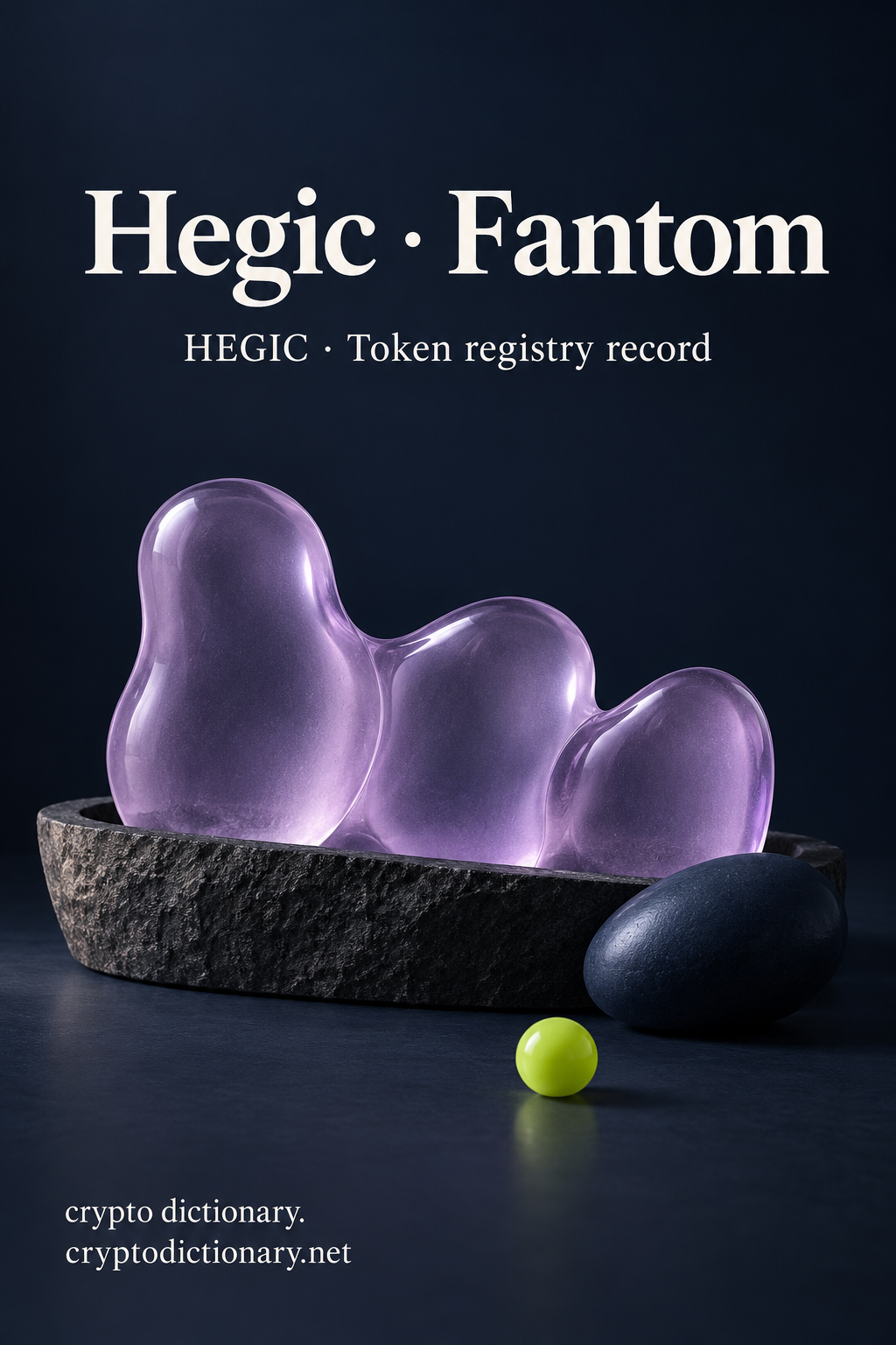 Hegic on Fantom: three rounded lilac glass forms in a dark stone trough beside navy and lime pebbles.