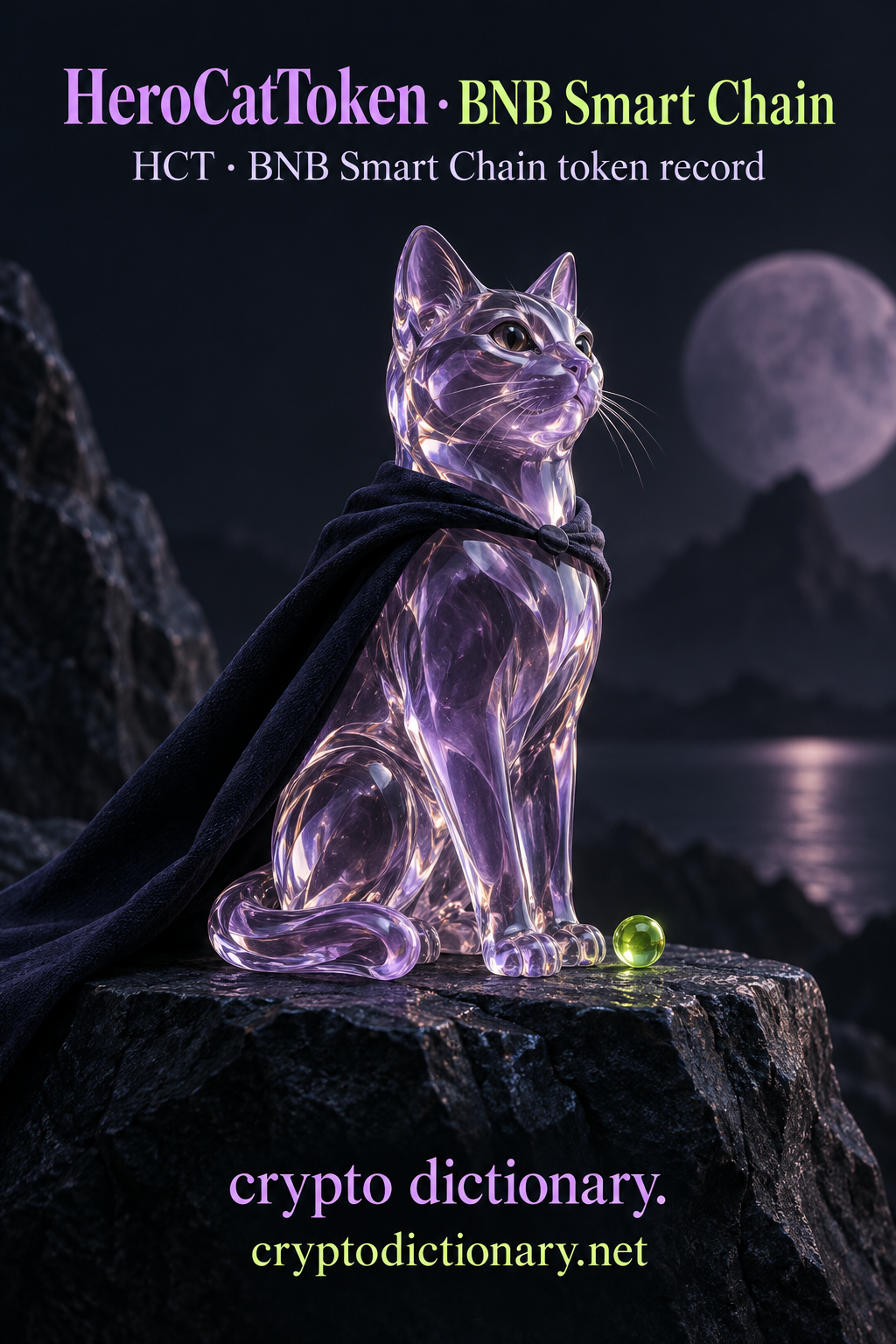 An original lilac glass cat wearing a plain navy cape illustrates HeroCatToken, an HCT token record on BNB Smart Chain.