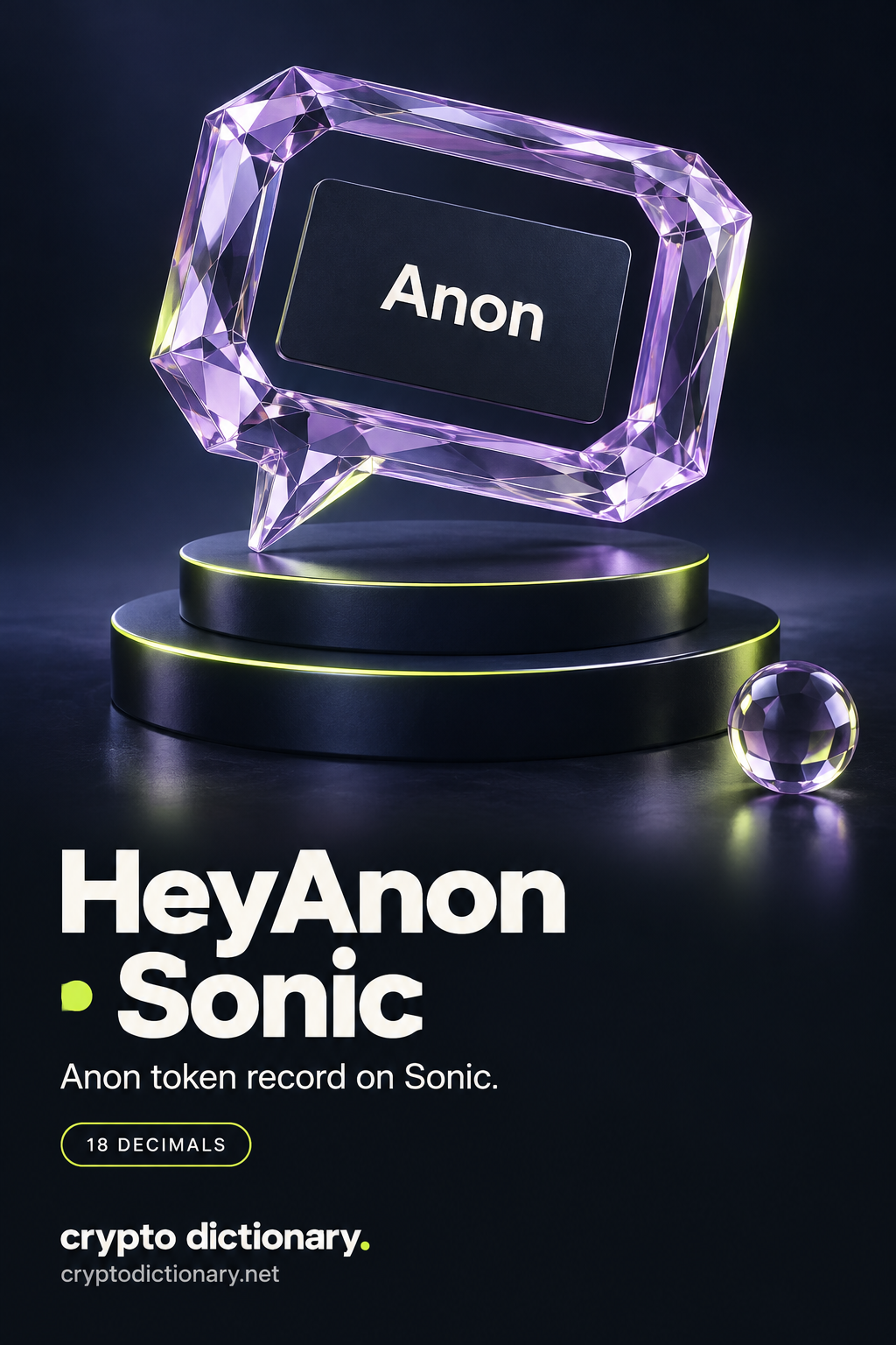 An Anon registry card in a lilac glass speech-bubble frame above plain circular steps, with HeyAnon · Sonic title and 18 decimals.