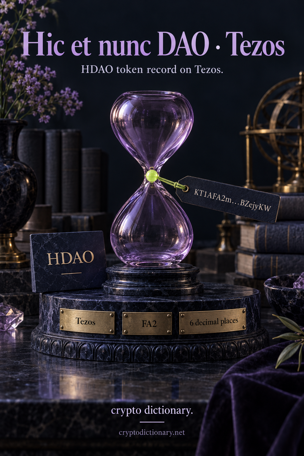 Original lilac glass hourglass holding a lime bead, catalogued as Hic et nunc DAO on Tezos, with HDAO specimen, Tezos contract identity and FA2 six-decimal metadata.