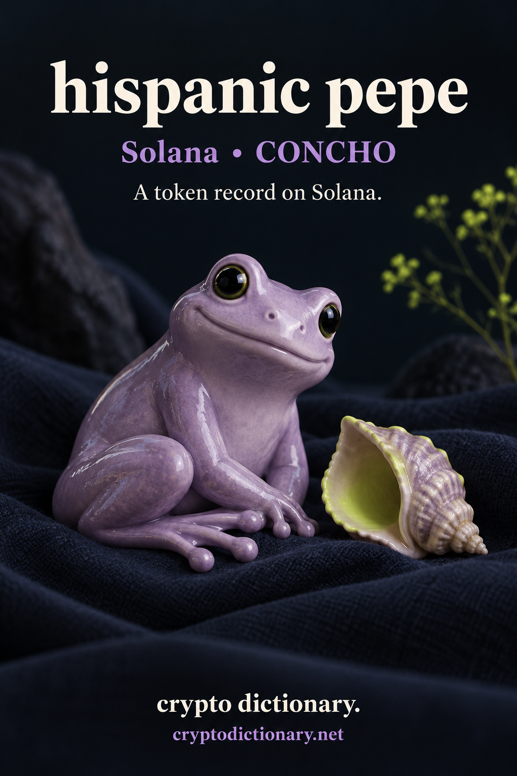 hispanic pepe token registry illustration on Solana, showing an original lilac ceramic frog beside a lime-edged shell on navy fabric.
