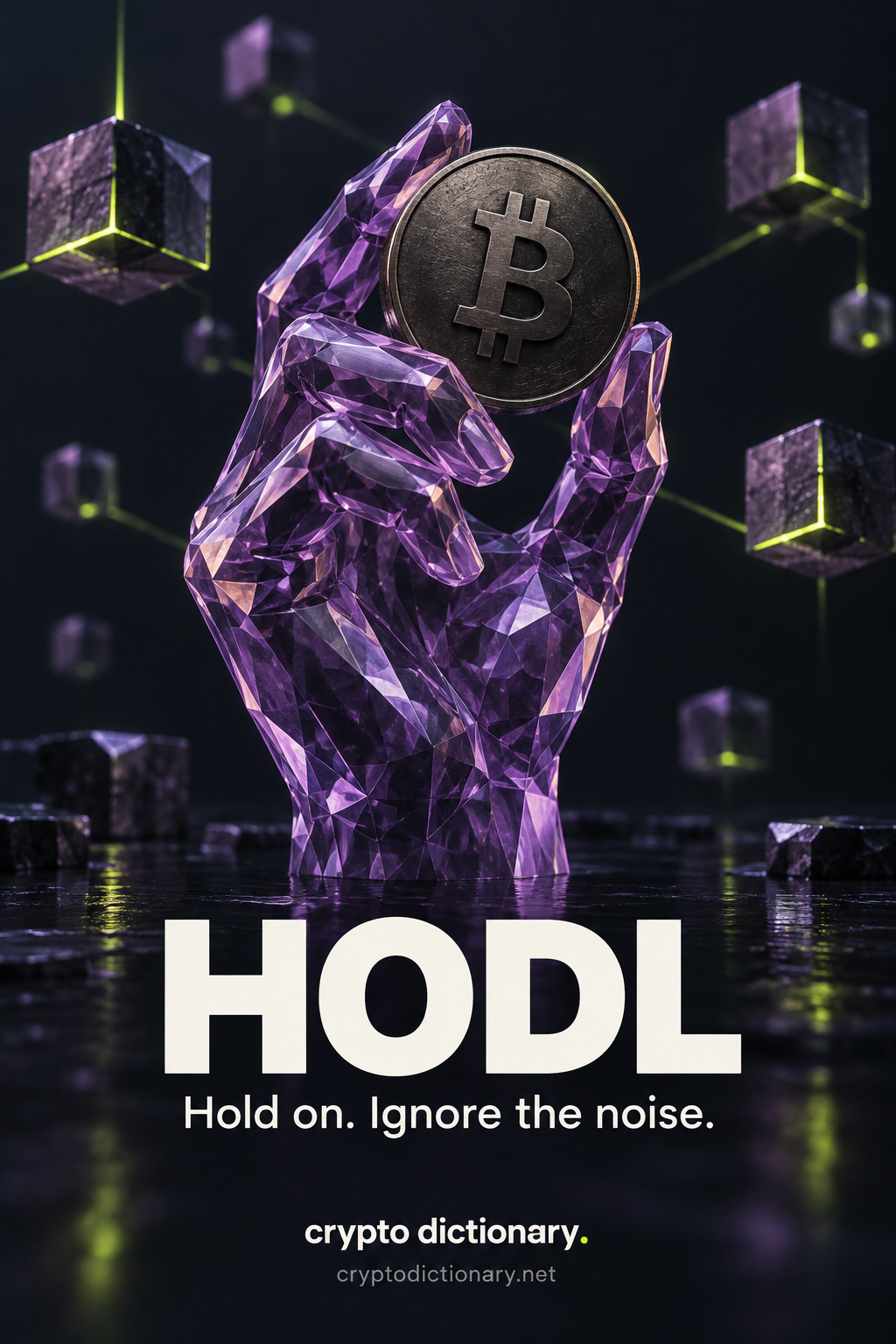 A sculpted purple glass hand holds a metal Bitcoin coin among floating network blocks. The portrait reads HODL, Hold on. Ignore the noise., crypto dictionary. and cryptodictionary.net.