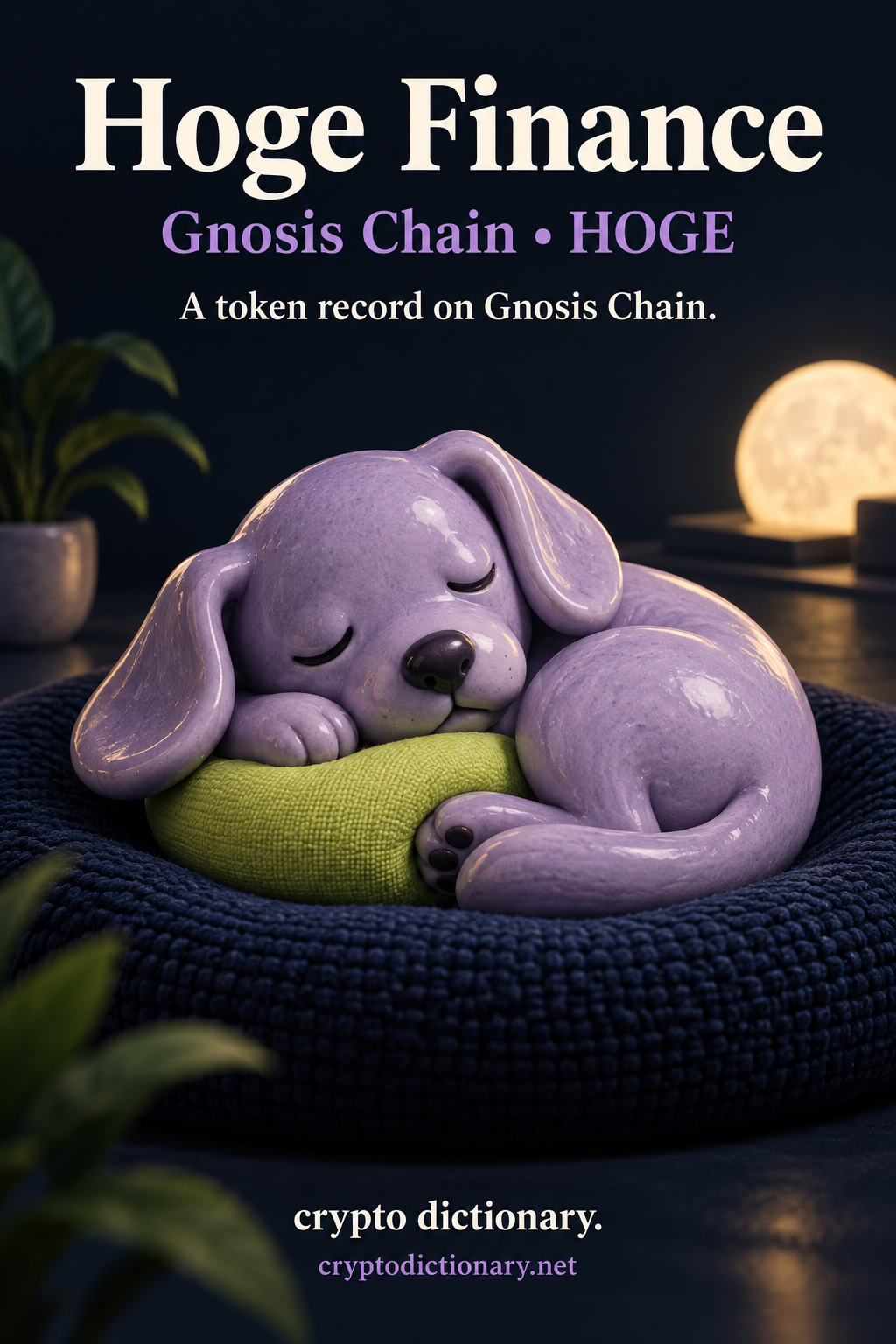 Hoge Finance registry illustration on Gnosis Chain with an original lilac ceramic round-eared dog curled around a small lime cushion on navy woven fabric.