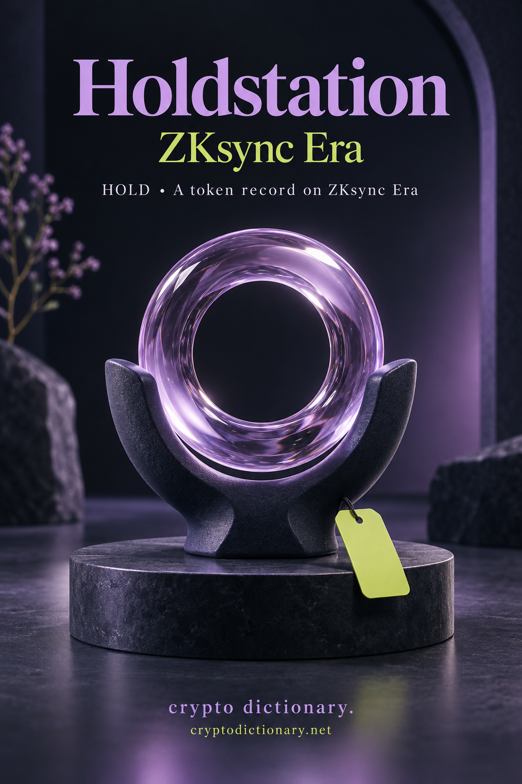 A lilac glass ring in a navy cradle illustrates the Holdstation token record on ZKsync Era.