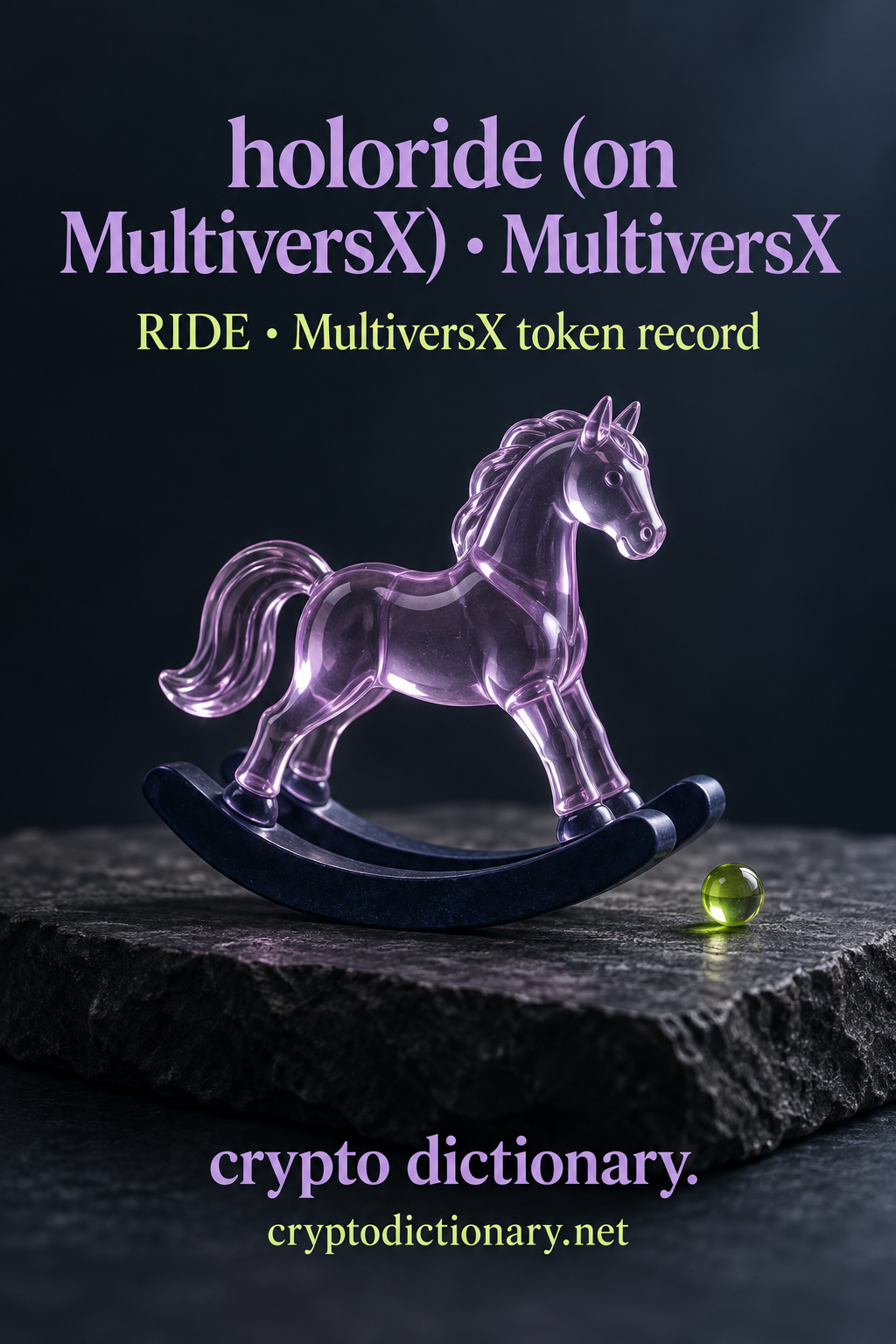 A lilac glass rocking horse illustrates holoride (on MultiversX), a RIDE token record on MultiversX.