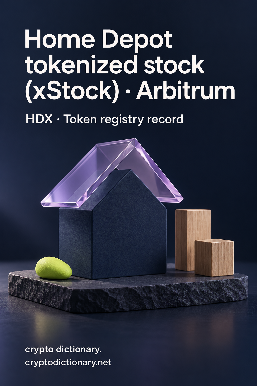 Home Depot tokenized stock (xStock) on Arbitrum: anonymous navy house sculpture under a lilac glass roof with plain wooden blocks.