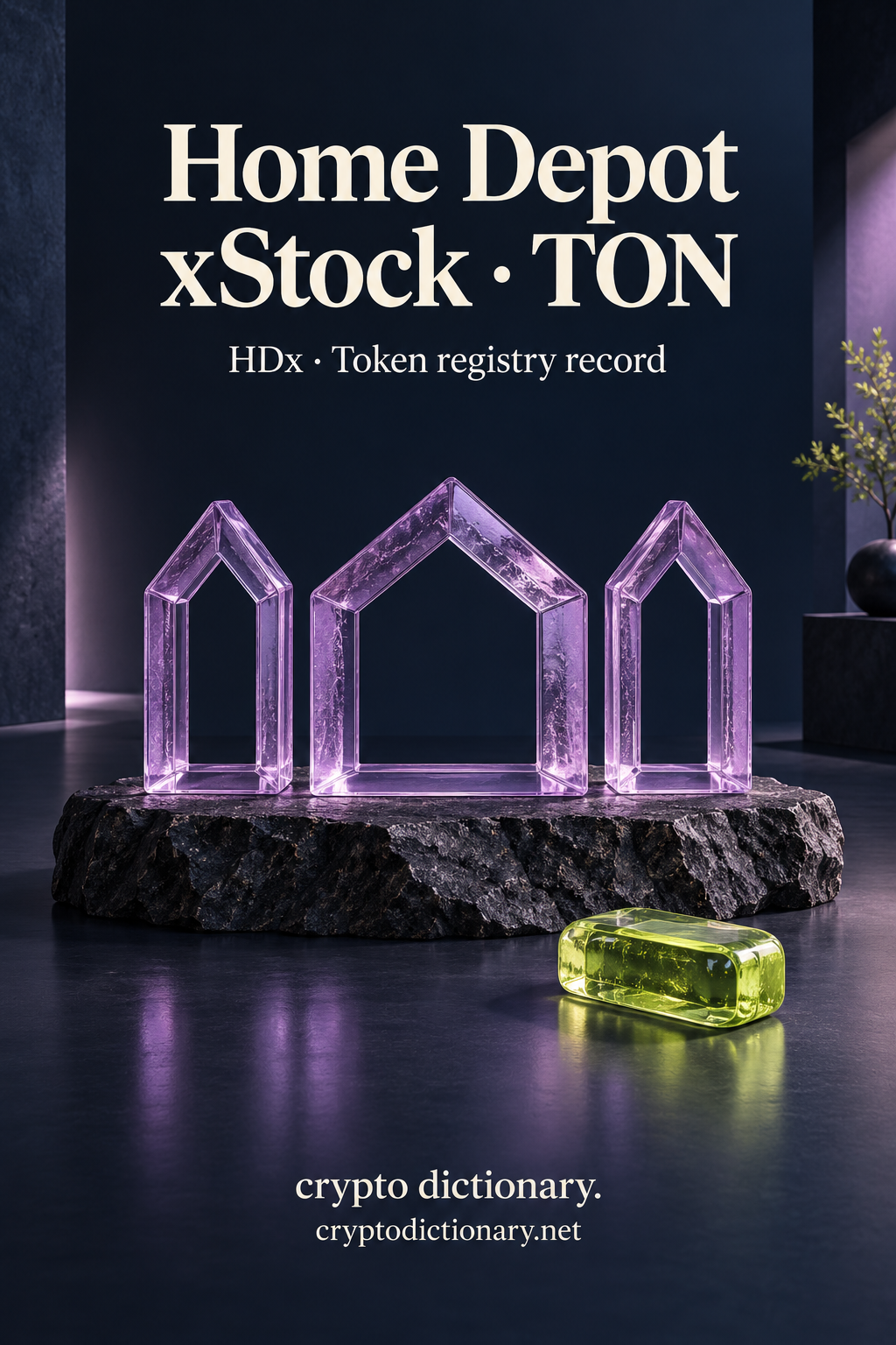 Home Depot xStock on TON illustrated by an original group of lilac glass shelter forms on dark stone, with neutral HDx registry caption.