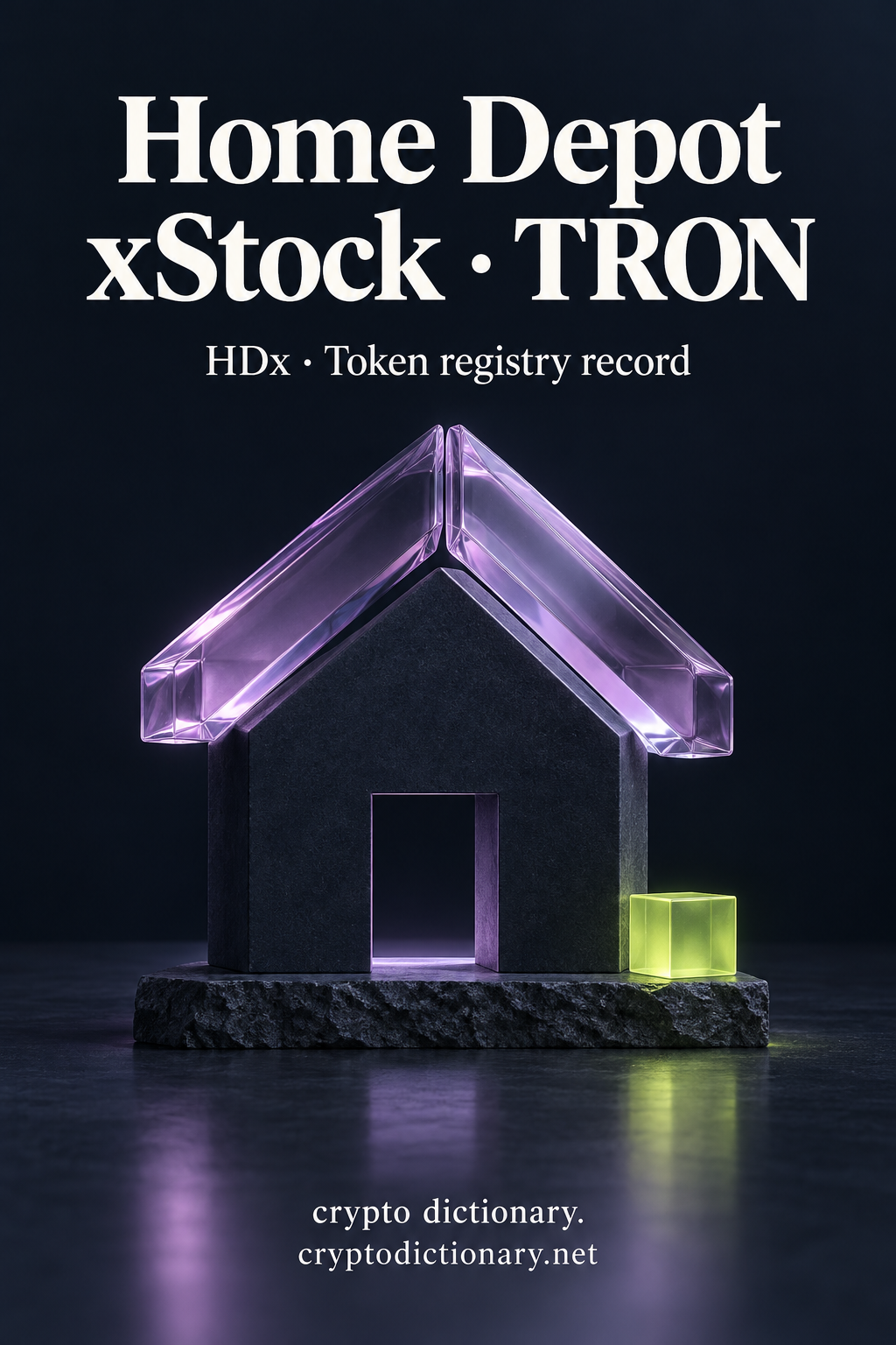Plain navy house sculpture with lilac glass roof and lime cube, titled Home Depot xStock · TRON.