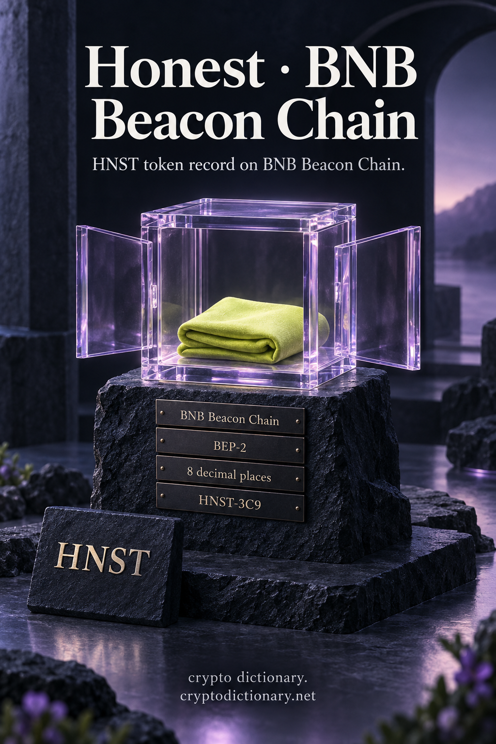 Open lilac glass cube holding plain lime folded fabric, with HNST specimen and BNB Beacon Chain token registry labels.