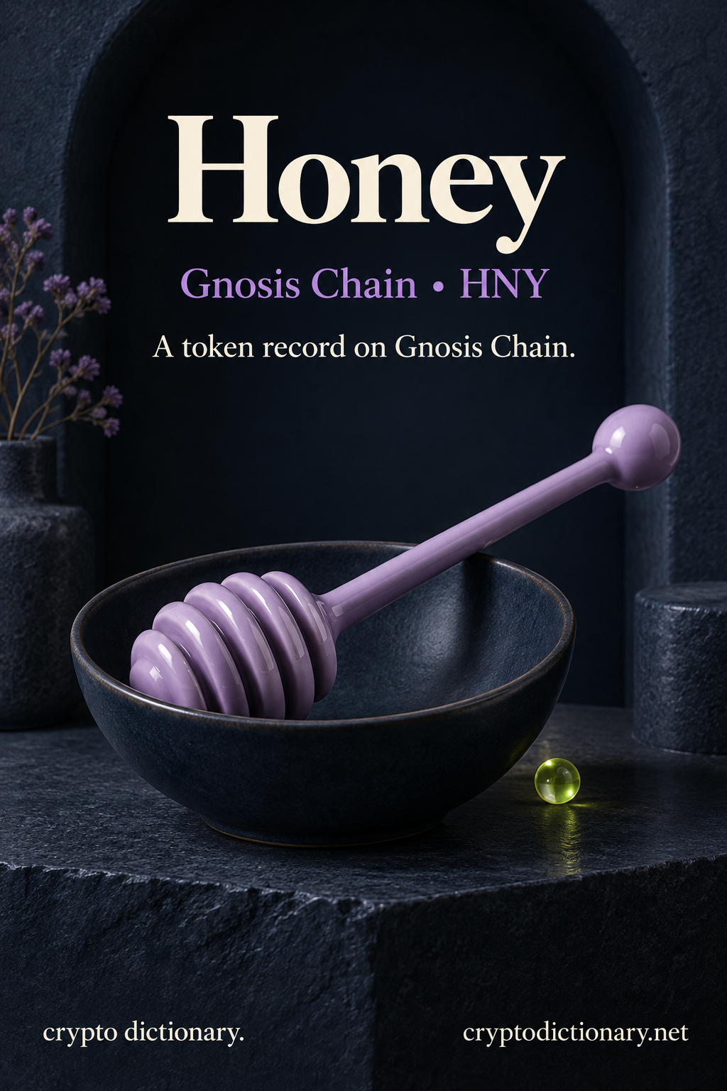 Honey registry illustration on Gnosis Chain with an original lilac ceramic honey dipper resting over a navy bowl with a restrained lime glass bead.