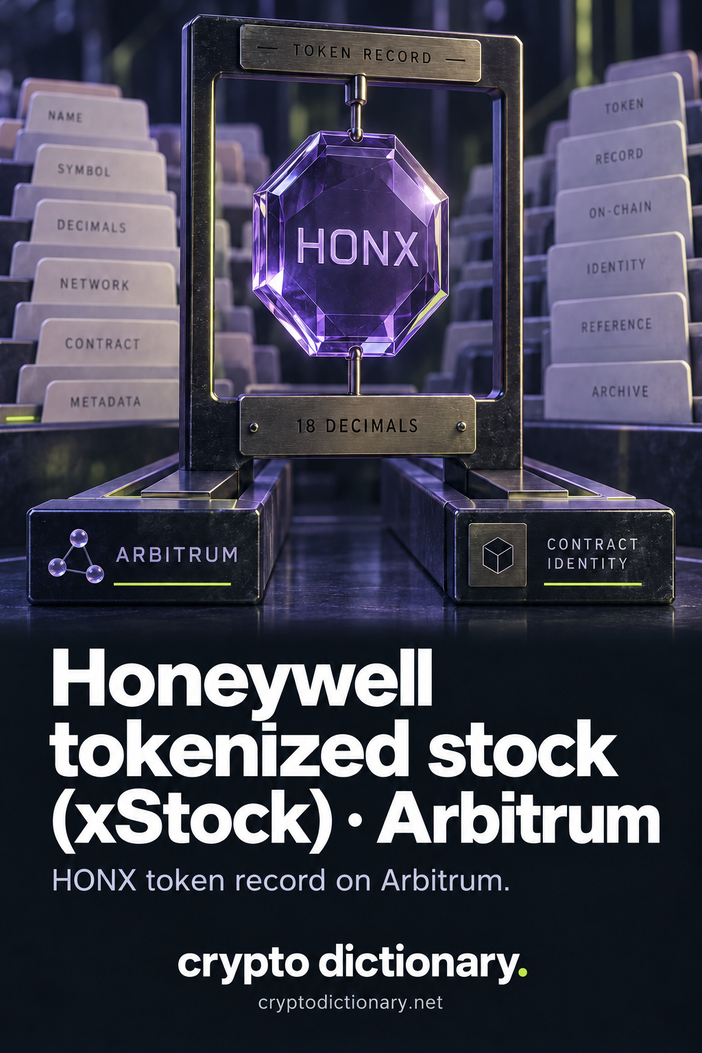 A suspended HONX glass token specimen is indexed by Arbitrum network and separate contract identity rails, with an eighteen-decimal registry plaque and archival metadata cards.
