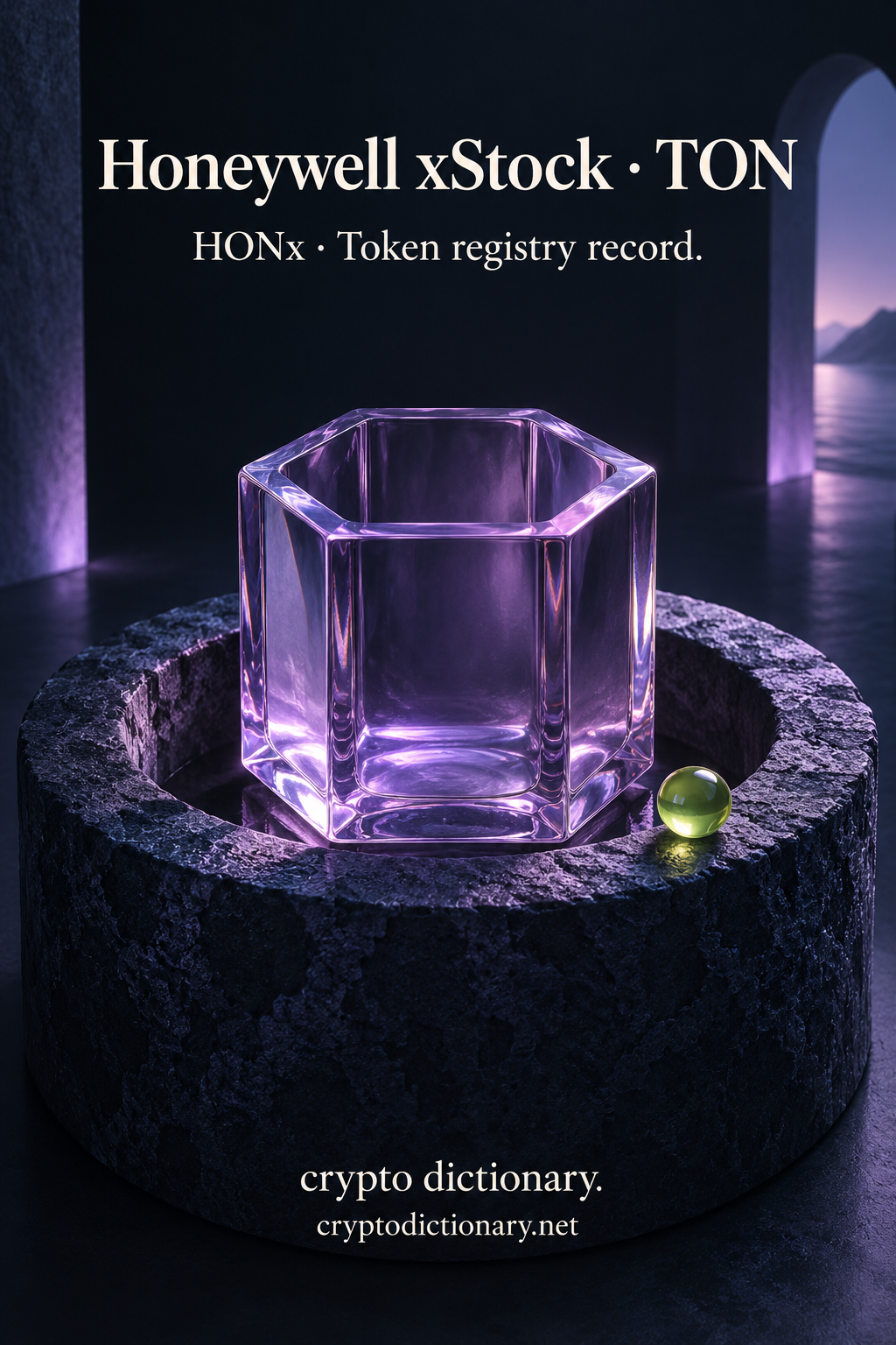 Honeywell xStock on TON illustrated by an original lilac hexagonal glass vessel in a dark stone well beside a lime droplet, with neutral HONx registry caption.