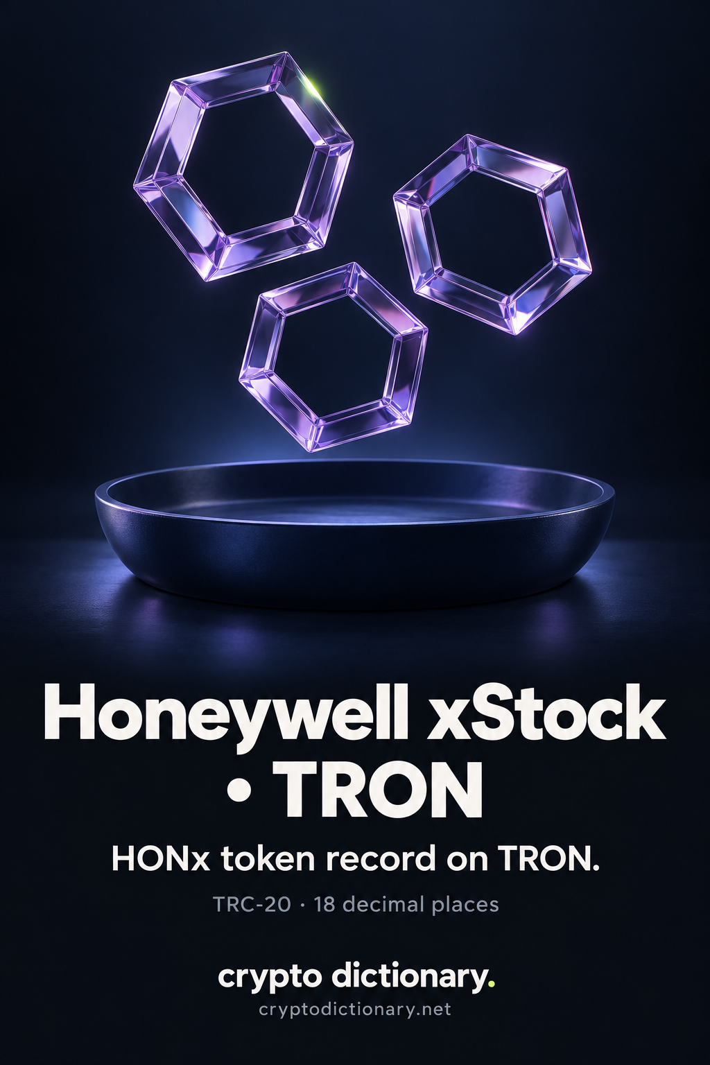 Three separate lilac glass hexagonal rings above an empty shallow navy bowl, with Honeywell xStock · TRON, HONx and the TRC-20 eighteen-decimal registry caption.
