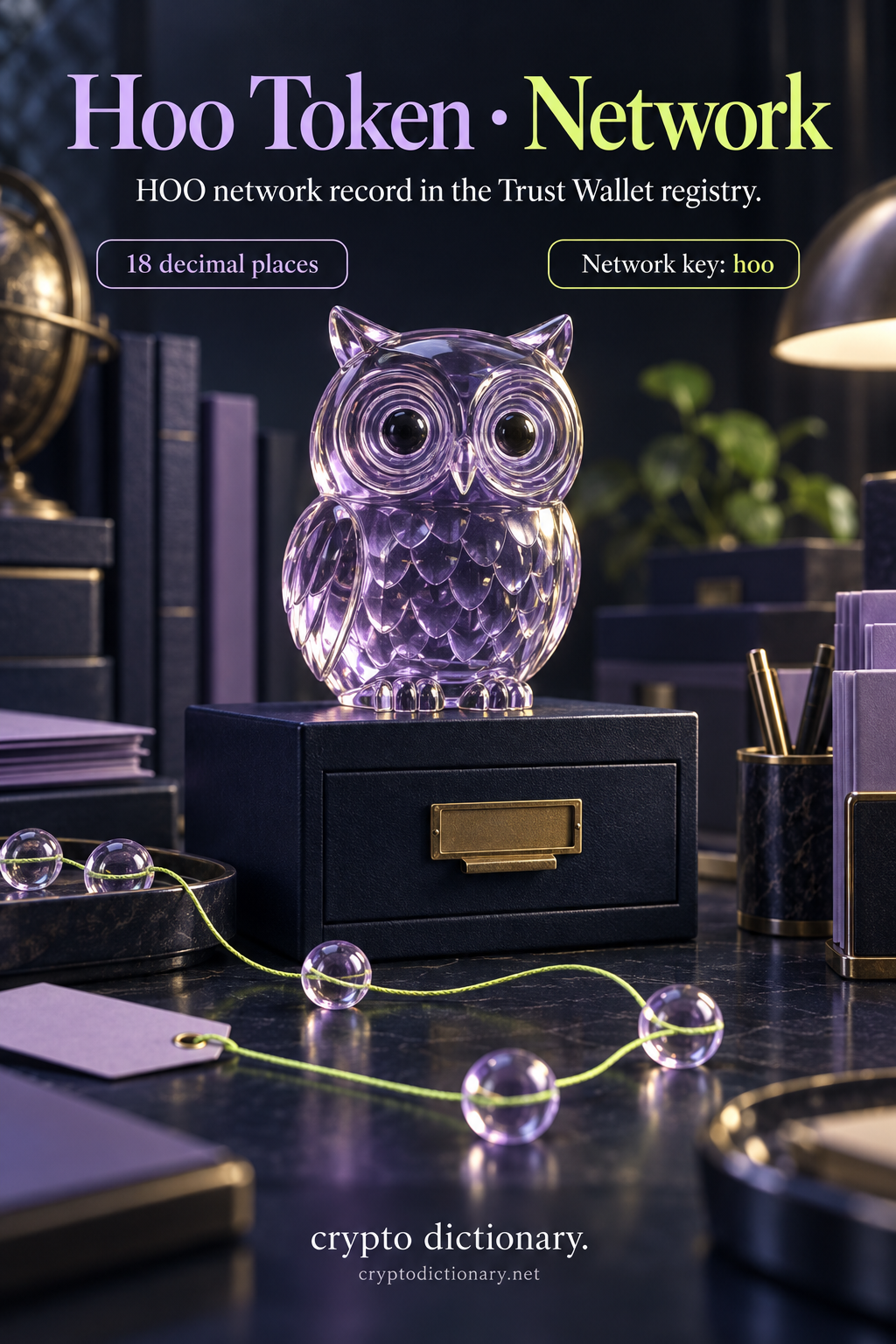 A lilac glass owl archive paperweight and connected registry beads illustrate the Hoo Token network entry, HOO symbol and hoo network key.