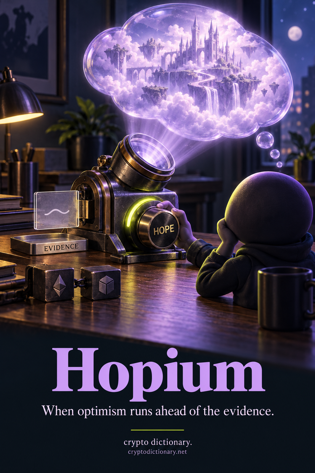 A tiny EVIDENCE card feeds a HOPE amplifier projecting an oversized castle-in-clouds thought bubble for a playful observer.