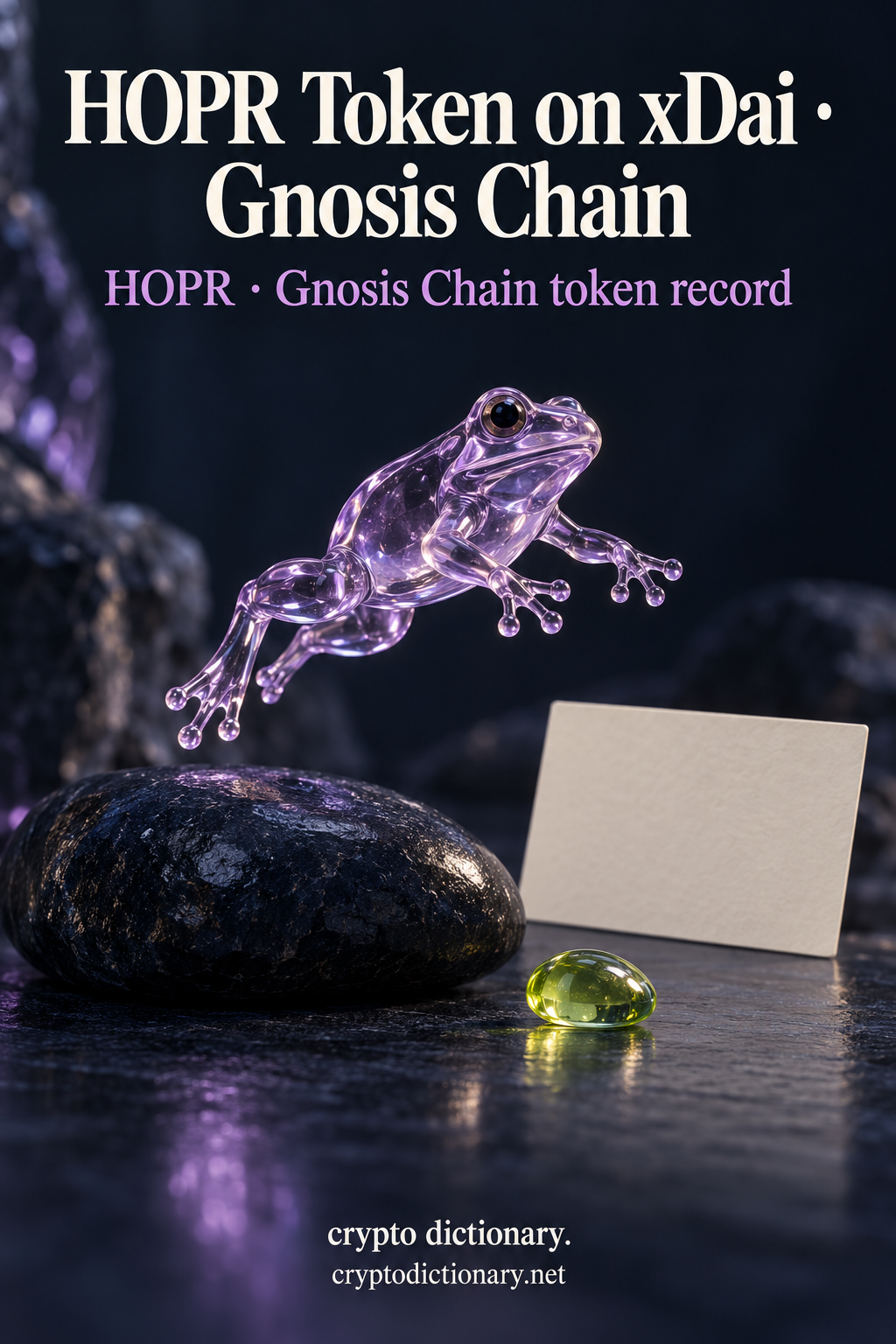 HOPR Token on xDai · Gnosis Chain above a lilac glass frog hopping over navy stone, a blank cream card and lime pebble; HOPR · Gnosis Chain token record and Crypto Dictionary branding.