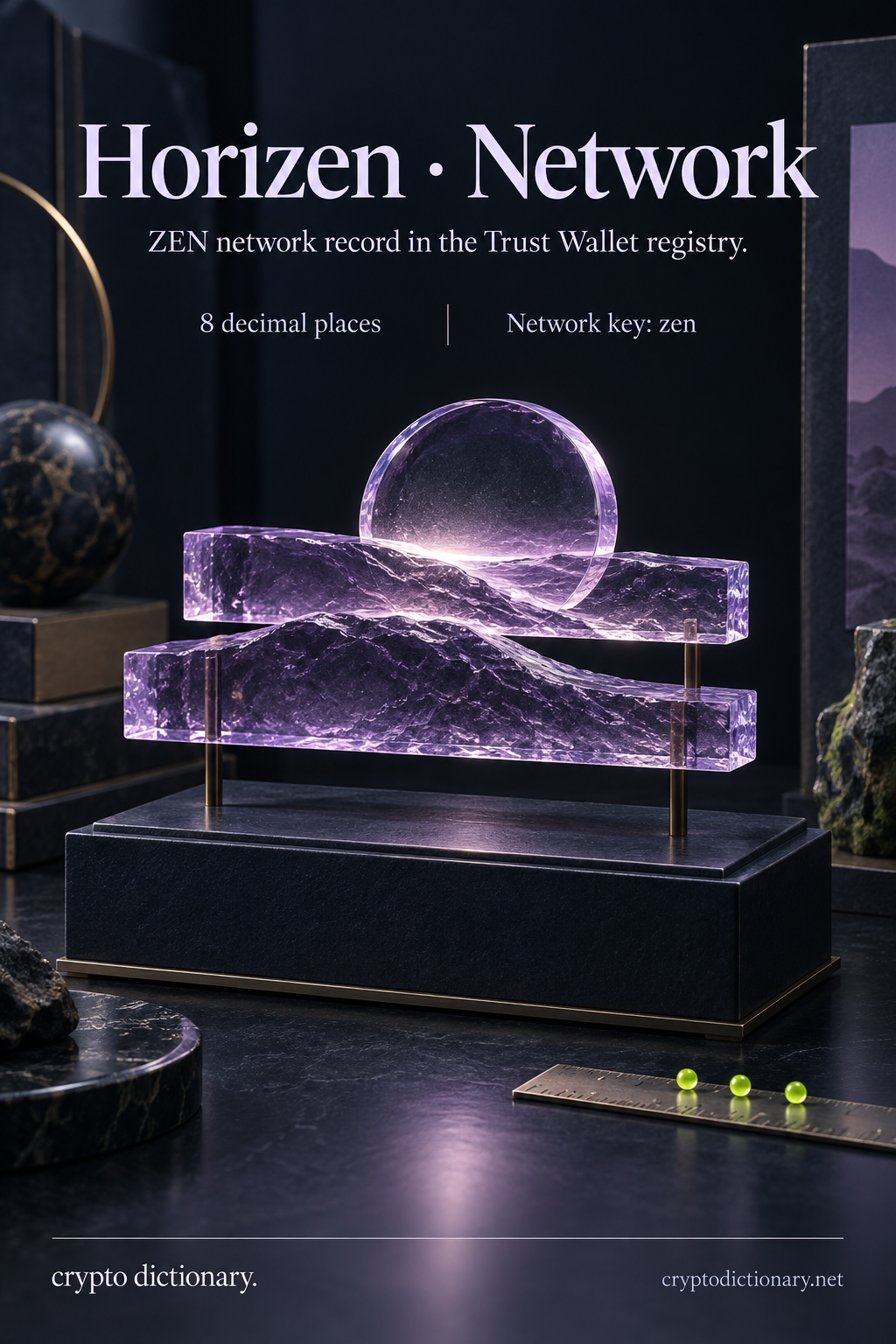 A lilac glass disk and offset horizon ridges on a specimen stand illustrate the Horizen network registry record, ZEN symbol and zen network key.