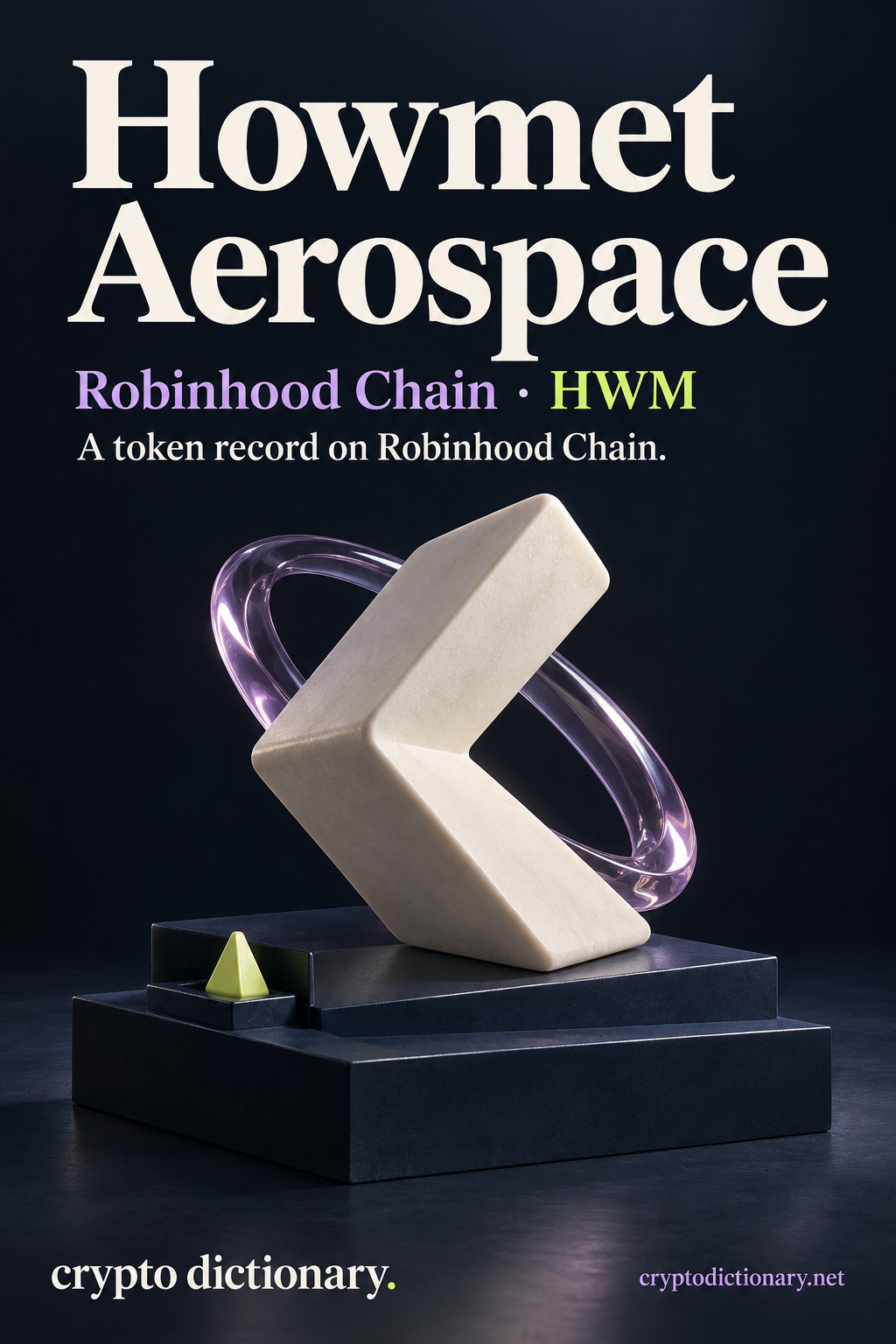 An ivory folded slab with lilac elliptical loop and lime index tile on a stepped navy archive platform, labelled Howmet Aerospace, Robinhood Chain and HWM.