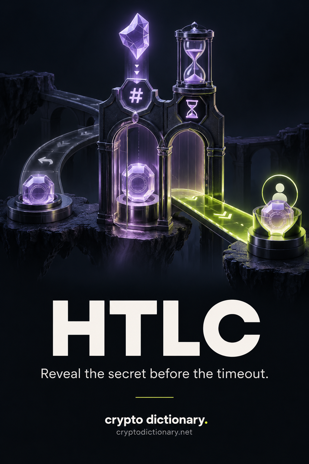 HTLC: a conditional-payment gate combines an abstract hash-matching secret shape and timer, with forward payment and timeout return paths.