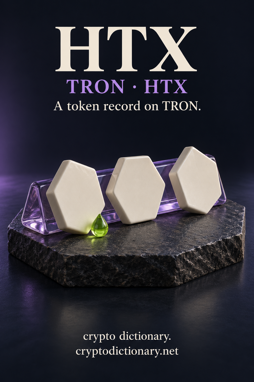 HTX token record on TRON, illustrated by three blank ivory ceramic hexagonal tiles leaning on a lilac glass rail with a lime teardrop.